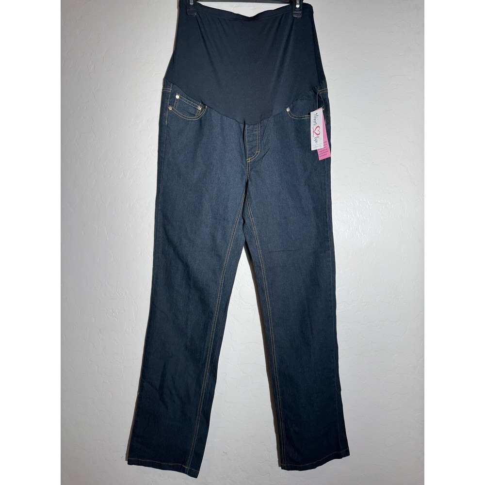 New Women's Times Two Maternity Denim Blue Jeans Pants Over Belly‎ Size L